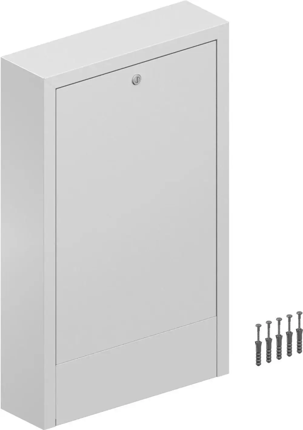 Weißer Verteilerkasten mit abschließbarer Tür und Schrauben, geeignet für die Installation von elektrischen Verteilungen, hergestellt von Uponor.